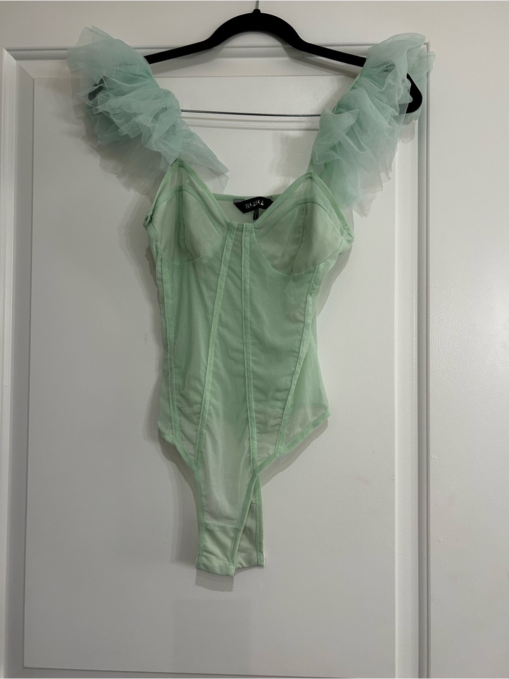 Sheer Ruffled Strap Mint One-Piece Bodysuit
